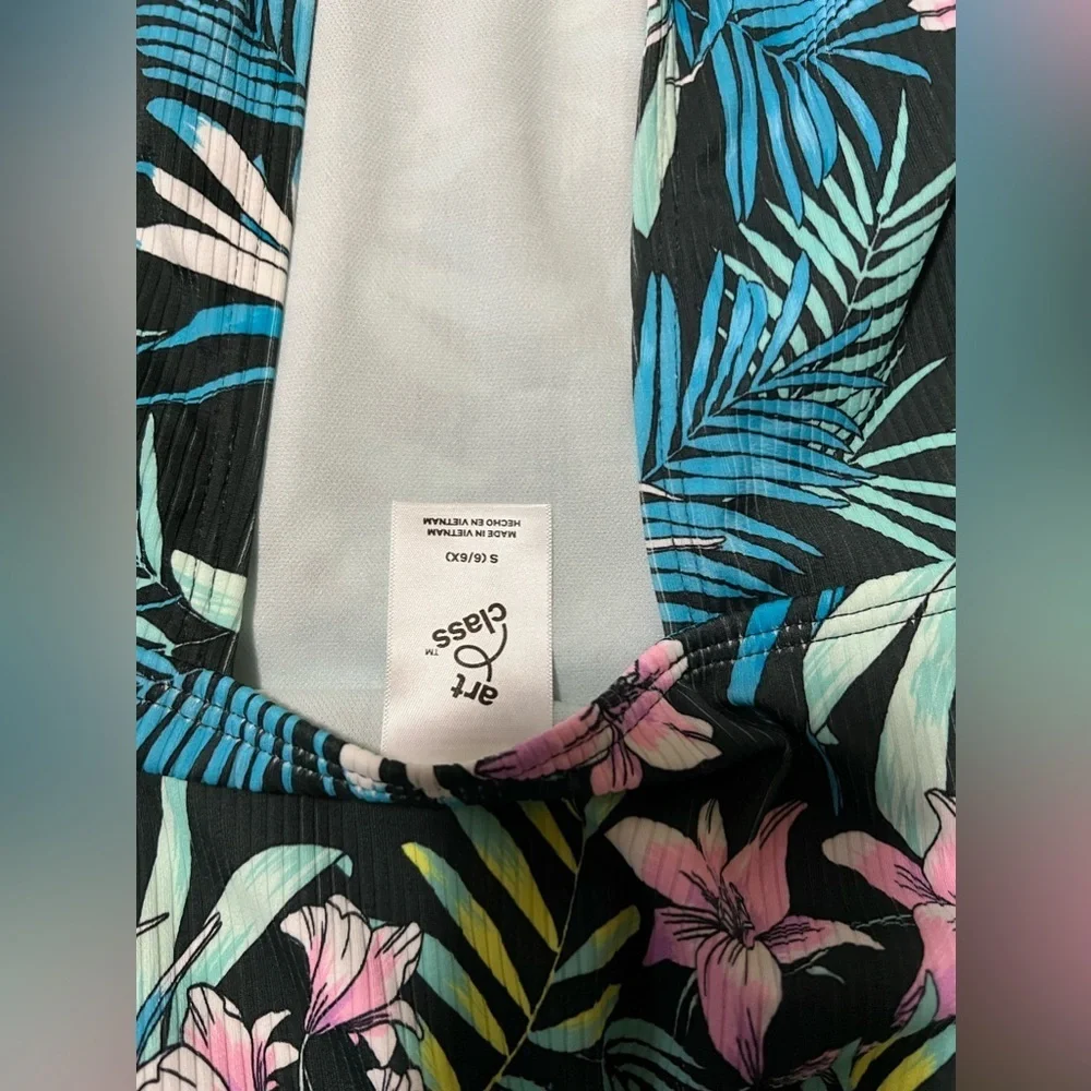 Girls' Tropical Print Open-Back Short Sleeve One Piece Swimsuit art class 6/6x